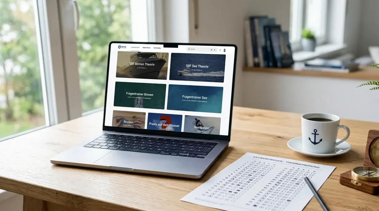 Laptop mit Online Lernplattform und Fragentrainer zur Vorbereitung auf den SBF Binnen Fragenkatalog, daneben ein Antwortbogen der Theorieprüfung